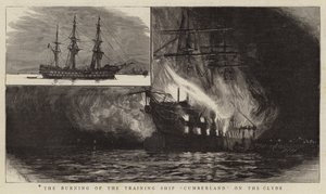 Das Brennen des Ausbildungsschiffs Cumberland auf dem Clyde von Charles William Wyllie